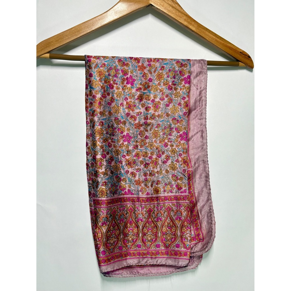Vintage 100% Pure Silk Scarf Made in India Pink Floral Paisley Hand Rolled 32x32